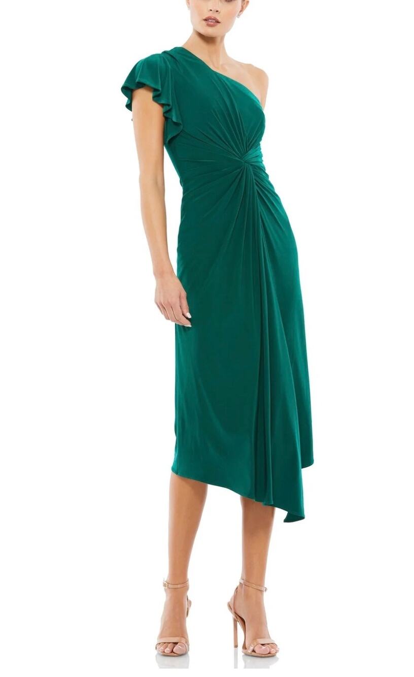 Mac Duggal A12480 Green Cocktail Party Dress One Shoulder Midi Sheath Size 2